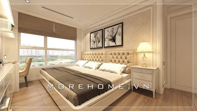 Thiết kế phòng ngủ chung cư tiện nghi, nội thất được sắp xếp hợp lý vẫn đảm bảo độ rộng thoáng cho căn phòng